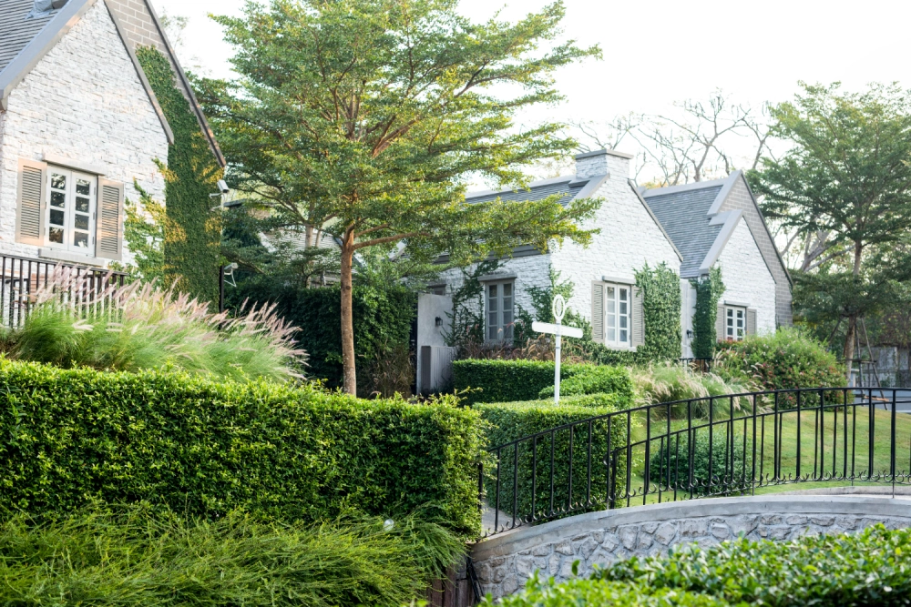 A stunning front yard with layered plants and a stone pathway.